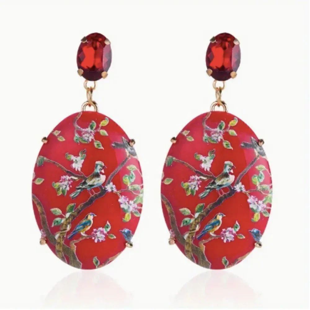 ✨🆕✨Beautifully Boho Vintage Inspired RED Happy Days Floral Birds Earrings  ✨